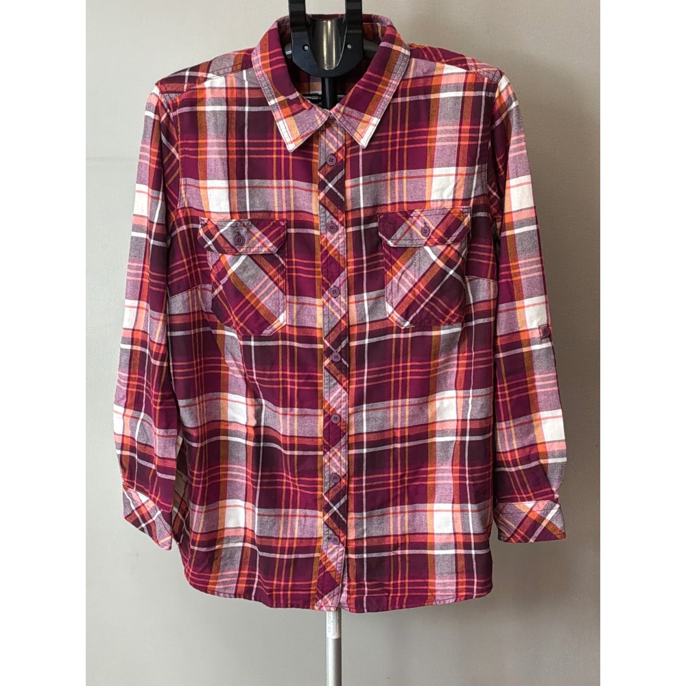 Duluth Trading Co Women's 2X Plaid Flannel Shirt Maroon Orange Gorpcore